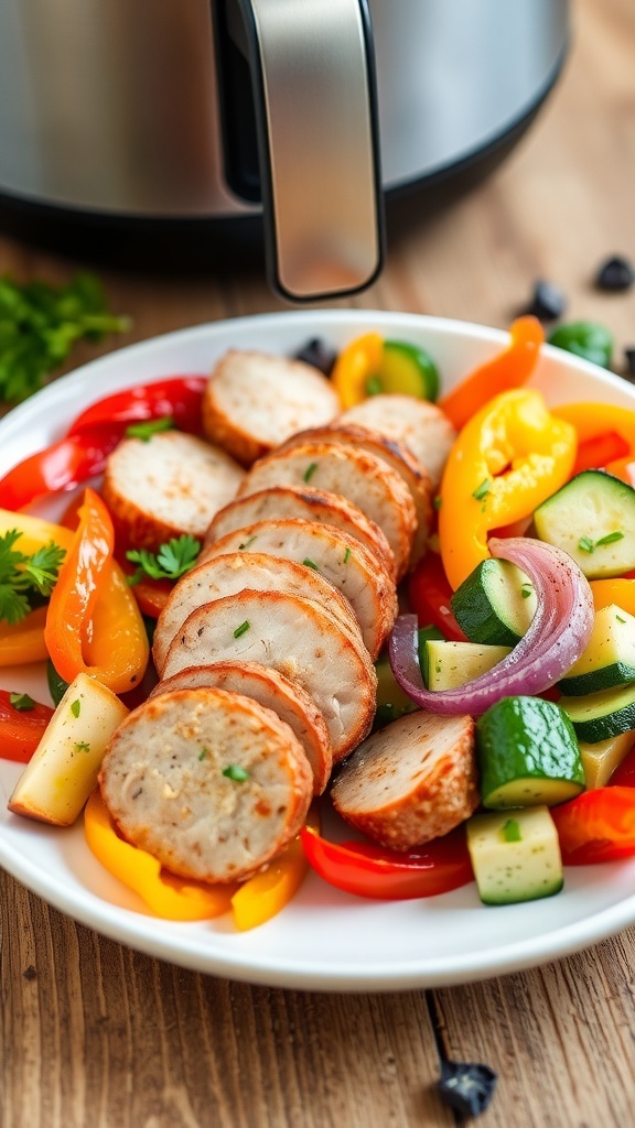 Quick Air Fryer Chicken Sausage and Vegetables Air fryer chicken sausage with bell peppers and zucchini on a plate, garnished with herbs.